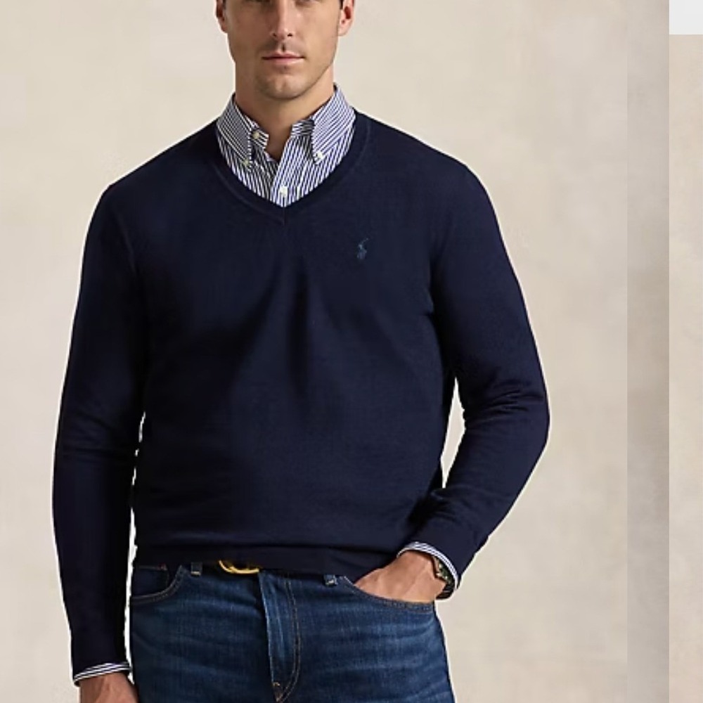 Polo Ralph Lauren Mens 2XL Tall Navy Blue Washable Merino Wool V-Neck Sweater
